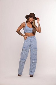 Calça Jeans Feminina Cintura Alta Super Cargo com Botões Lavagem Marmorizada - Sem Elastano