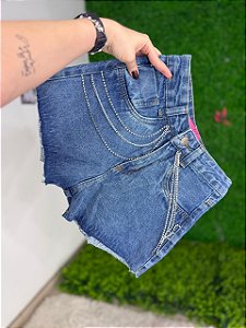 Short Jeans Feminino Mademoiselle Cintura Alta Casual Com Fios de Strass Slim e Plus Size - Sem Elastano
