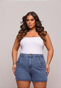 Short Jeans Feminino Mademoiselle Cintura Alta Casual Com Fios de Strass Slim e Plus Size - Sem Elastano