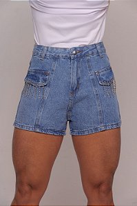 Short Jeans Feminino Mademoiselle Cintura Alta Casual com Strass e Franjas de Brilho Na Lapela e Barra dobrada