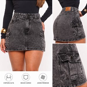 Saia Jeans Cargo Mademoiselle Moda Cintura Alta Com Bolso Lateral Casual Em Varias Lavagens