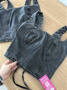 Cropped Jeans Feminino com Amarração nas Costas Lavagem Estonada - Sem Elastano