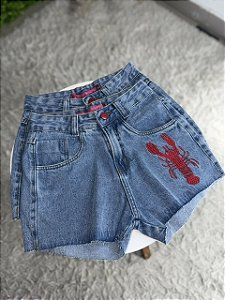 Short Jeans Feminino Cintura Alta Bordado Lagosta Praia Marmorizado Sem Elastano | Moda Verão