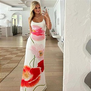 Vestido feminino de primavera com estampa floral sem costas