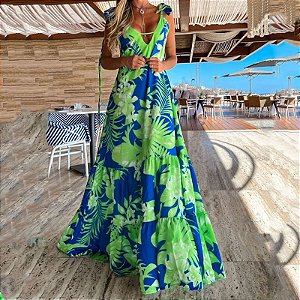 Saia longa com alça em V estampada na moda feminina