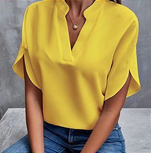 Verão nova camisa com decote em v feminina cor pura casual versátil camisa de