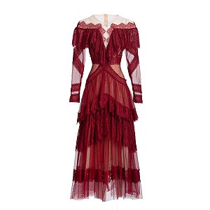 Vestido de folha de lótus para banquete francês com costura de gaze de manga c