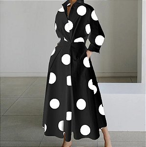 Vestido manga comprida com estampa pontada para mulheres, elegante vestido maxi,