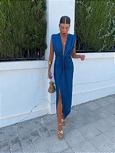 Vestido com decote em V plissado feminino, chique, monocromático, sem mangas