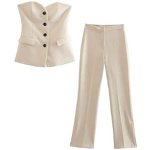 TRAFZA-Fato elegante de peito único feminino, blusa de tubo sem alças, zíper,