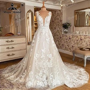 Vestido de noiva sem mangas com decote em v, Applique, rosa blush, vestido de no