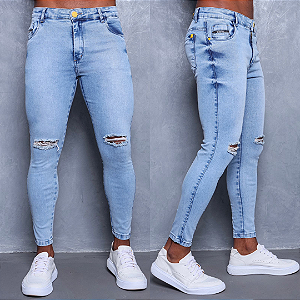 Calça Jeans Corte no Joelho e Detalhes Amarelo