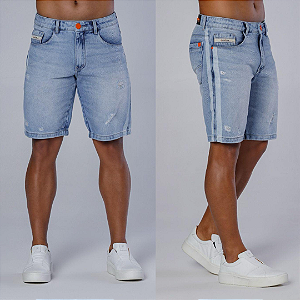 Bermuda Jeans Delavê Com Faixas Silkadas Laterais