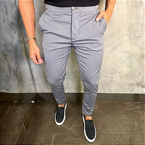 Calça Alfaiataria Risca de Giz Évora com ajuste Cinza