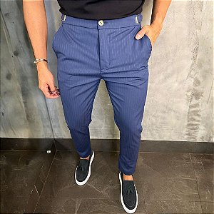 Calça Alfaiataria Risca de Giz Évora com ajuste Azul Marinho