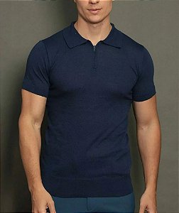 Polo Tricot Slim Mônaco Zíper Azul Marinho