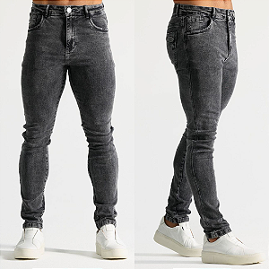 Calça Jeans Slim Marmorizada Com Recorte Preta