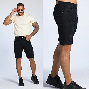 Bermuda Jeans Preta Destroyed