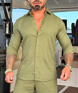 Camisa De Linho Premium Verde Militar