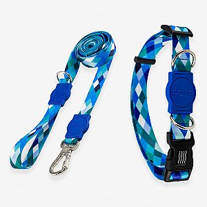 Kit Guia 2 Metros + Coleira Quadriculada Azul