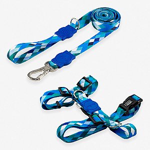 Kit Guia 2 Metros + Peitoral H Smart Quadriculada Azul