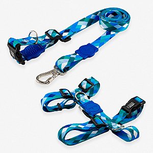 Kit Guia Mãos Livres + Peitoral H Smart Quadriculada Azul