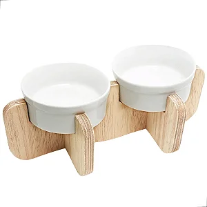 Comedouro Elevado Gato Duplo Ração Pet Porcelana 300ml Marrom-claro