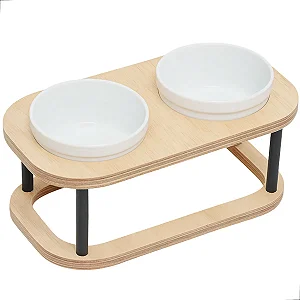 Comedouro Pet Elevado M Duplo Em Madeira E Porcelana Marrom-claro
