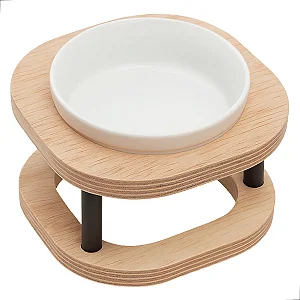 Comedouro Pet Simples P Duplo Em Madeira E Porcelana Marrom-claro