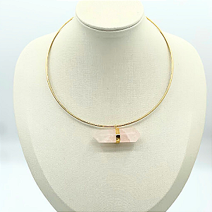 Choker pedra natural quartzo rosa cor ouro