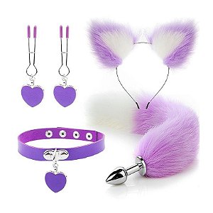 Kit de Plug Anal Rabo de Raposa com Tiara de Orelhinhas Coleira e Grampo de Seios - SI