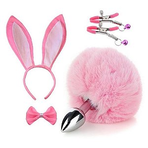 Kit de Plug Anal Pompom com Tiara de Orelhas de Coelho Gravata e Grampos para Mamilos - SI