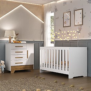 Conjunto Quarto de Bebê Colorir Berço e Cômoda Branco/Nature - Moville