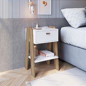 Mesa De Cabeceira 1 Gaveta Branco/ Aveiro Oak - Completa Móveis