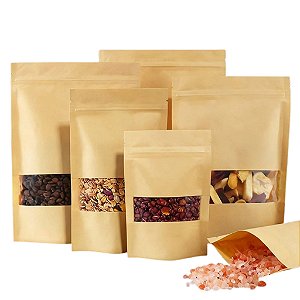 Saco Zip Stand Up Pouch Kraft 17x24+4 - C/Visor | 100 Unidades