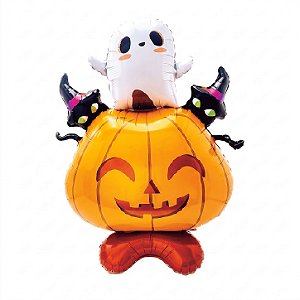 Balão Metálico com Base Abóbora, Fantasma e Gatos 69x98cm Halloween | Partiufesta