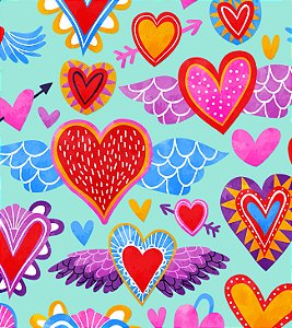 Estampa LOVELY – Corações Coloridos com Asas | Tecido Tricoline Digital 100% Algodão (0,50x1,50m)