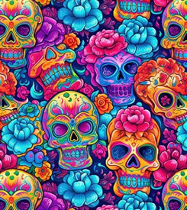 Estampa FIESTA – Caveiras Coloridas e Flores Mexicanas | Tecido Tricoline Digital 100% Algodão | Stella Hoff