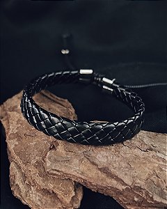 Pulseira Trançada Preta 1cm Ajustável - Couro