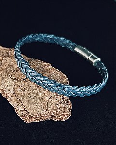 Pulseira Trançada Azul Fecho Imã 0,7cm 20cm - Couro