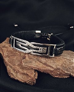Pulseira Preta Fivela Trabalhada 1cm Ajustável - Couro