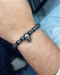 Pulseira Pedra Vulcânica c/ Hematita  Caveira Grafite 18cm - Pedra Natural