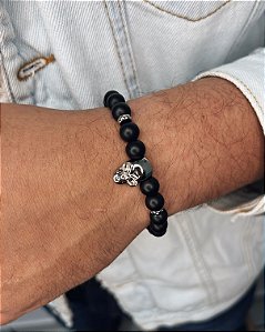 Pulseira Ônix Caveira Cromada 18cm - Pedra Natural