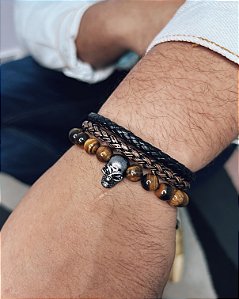 Pulseira Olho de Tigre Caveira Grafite 18cm - Pedra Natural