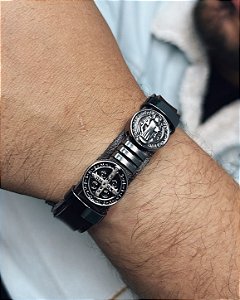 Pulseira São Bento Dupla Preta Fecho Fivela 21cm