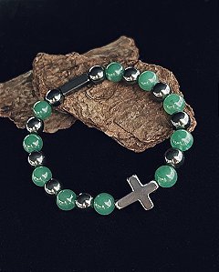 Pulseira Pedra Quartzo Verde e Hematita com Cruz Hematita 18cm - Pedra Natural