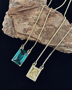 Escapulário Placa Nossa Senhora Cravejada e Zircônia Verde 60cm - Banho de Ouro 18k