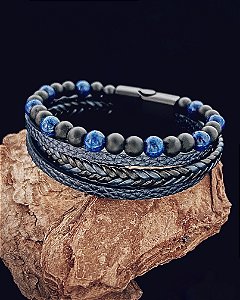 Pulseira Quadrupla Azul c/ Pedras Naturais - Couro