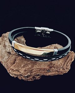 Pulseira Dupla Preta c/ Passante Dourado 21cm - Couro