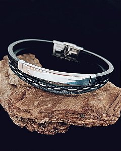 Pulseira Dupla Preta c/ Passante Prata 21cm - Couro